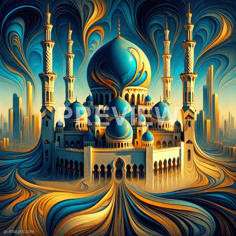 The image features a fantastical and highly stylized depiction of a grand palace with large, domed roofs in shades of blue and gold. Tall, ornate minarets surround the structure, reaching into a swirling, colorful sky filled with dynamic streaks of blue, gold, and orange. The scene has a surreal, almost dreamlike quality, with flowing lines and a sense of movement throughout the composition.